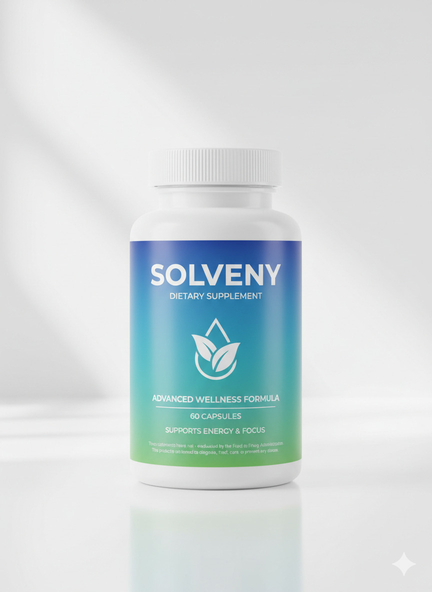 Solveny dietary supplement bottle showing label with ingredient and serving information